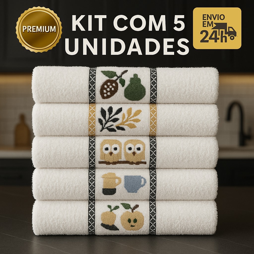 Kit Pano De Copa Jacquard Premium 100% Algodão 45x65cm Cozinha Desenhos Na Barra