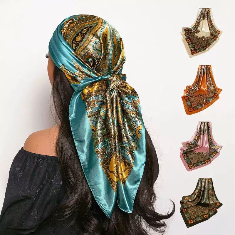 90x90cm Lenço Cetim Cabeça Pescoço de Seda Cetim Padrão Retrô Super Moda Varias Cores
