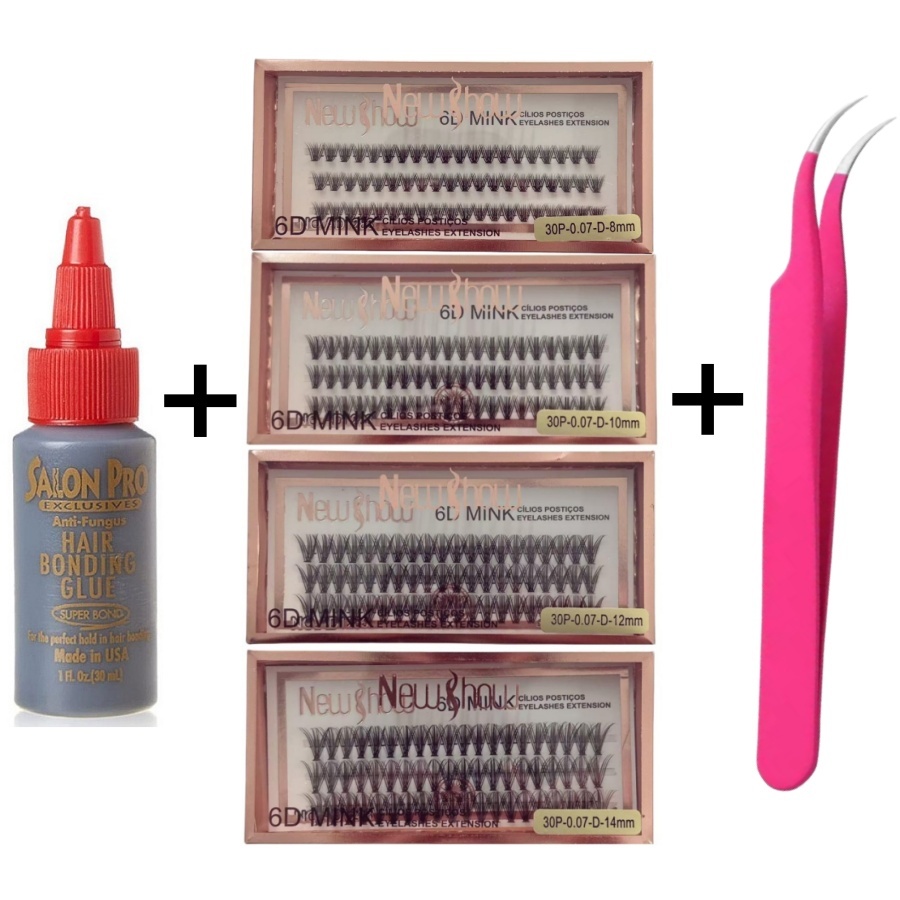 Conjunto de Cola 30ml Salon Pro + Pinça Vetus + Cílios Postiços 30P-0.07-D NEW SHOW – Tufos Sem nó