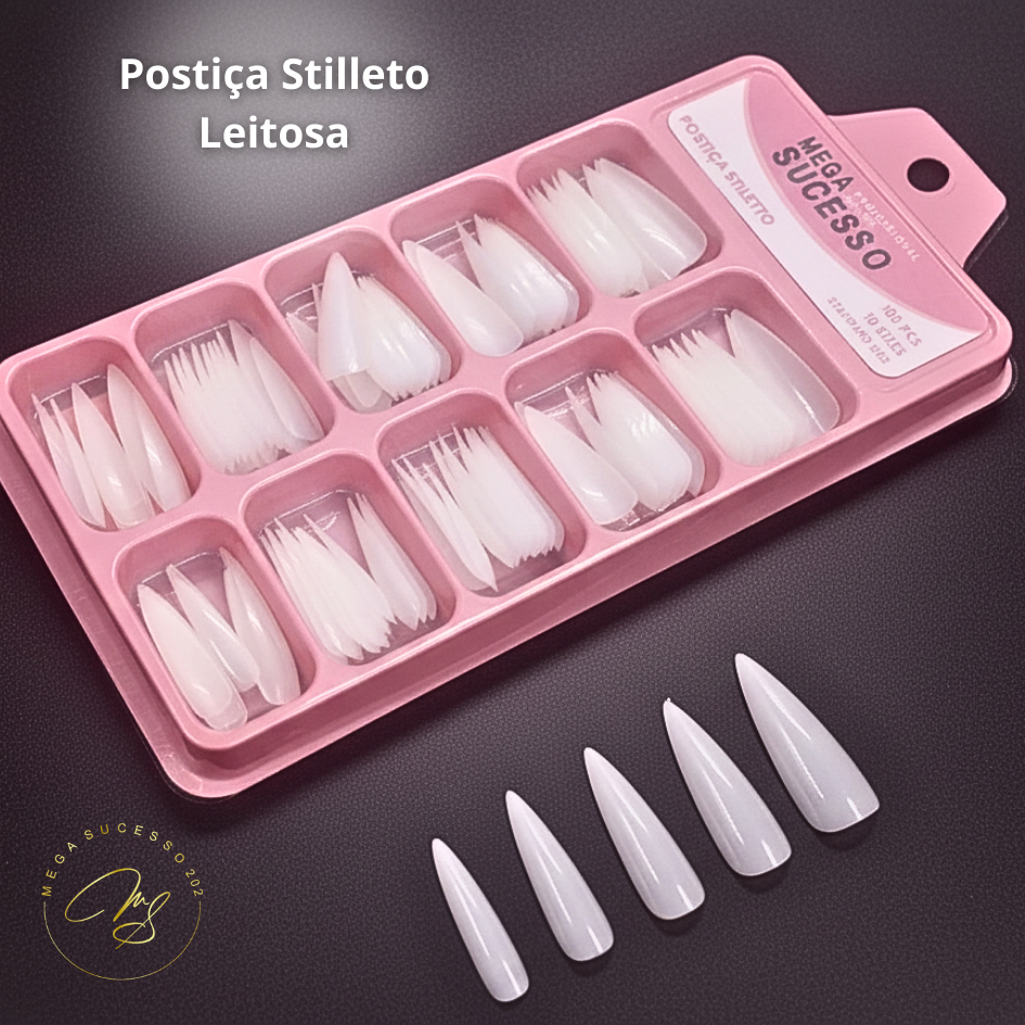 Unhas Postiças Mega Sucesso 100un  Vamps Extrema e Stiletto Transparente/Leitosa  SQ8558/8559/8560