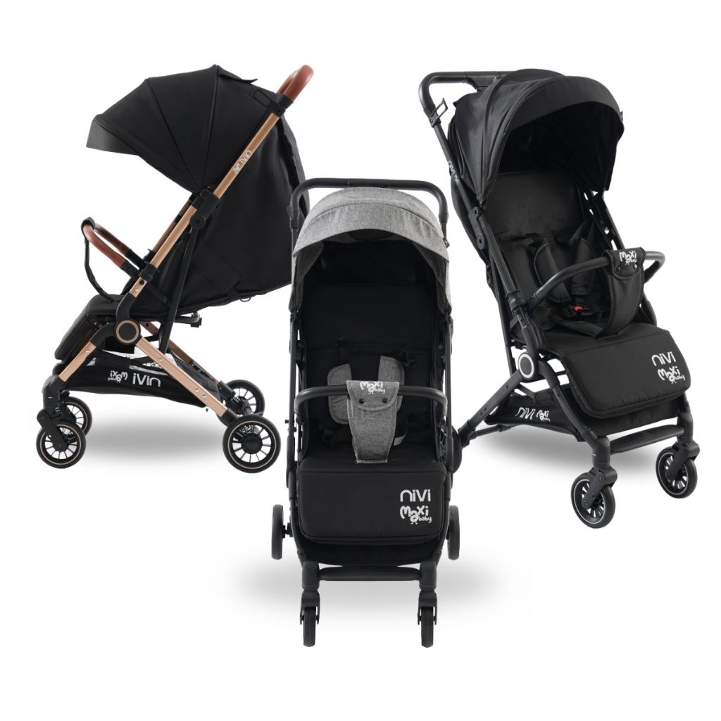 Carrinho Bebe Passeio Vira Berco Nivi até 15kg Reclinavel Capota Rodas Preto Cinza Maxi Baby
