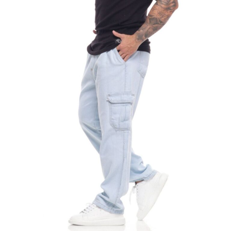 Calça cargo Jeans larga bolsos lateral streetwear