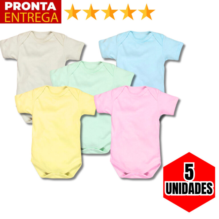 Kit 5 Body Manga Curta Liso Infantil Bebê Menino 