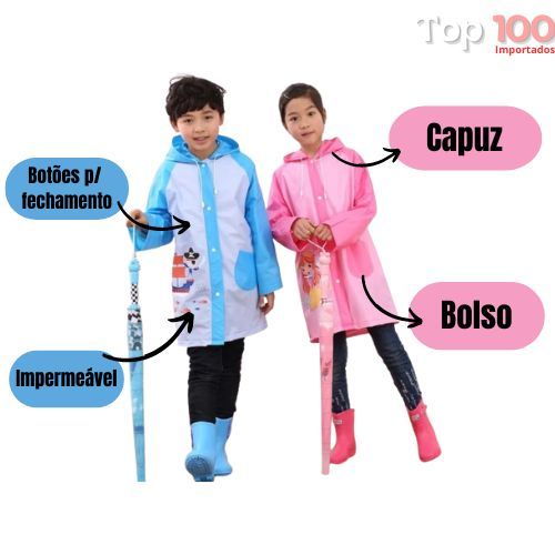 Capa De Chuva Infantil Reforçada Com Capuz Imperm