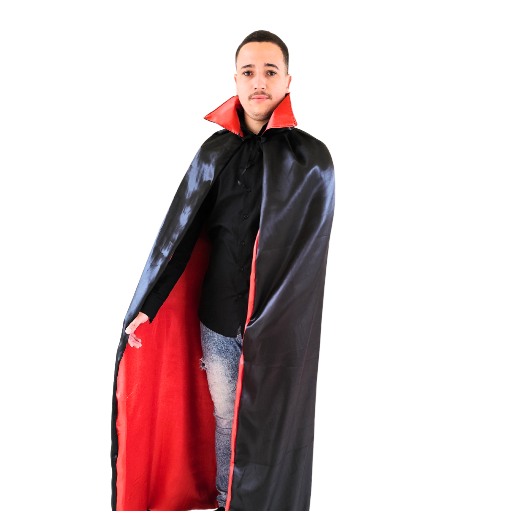 Capa de Cetim Duas Faces Preto/Vermelho Adulto  Festas Bruxas, Vampiro, Halloween