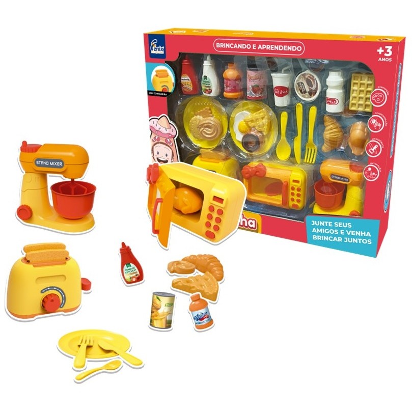 Super Kit Mini Cozinha Com Microondas Torradeira Batedeira e Acessórios  23 Peças  Brincando e Apren