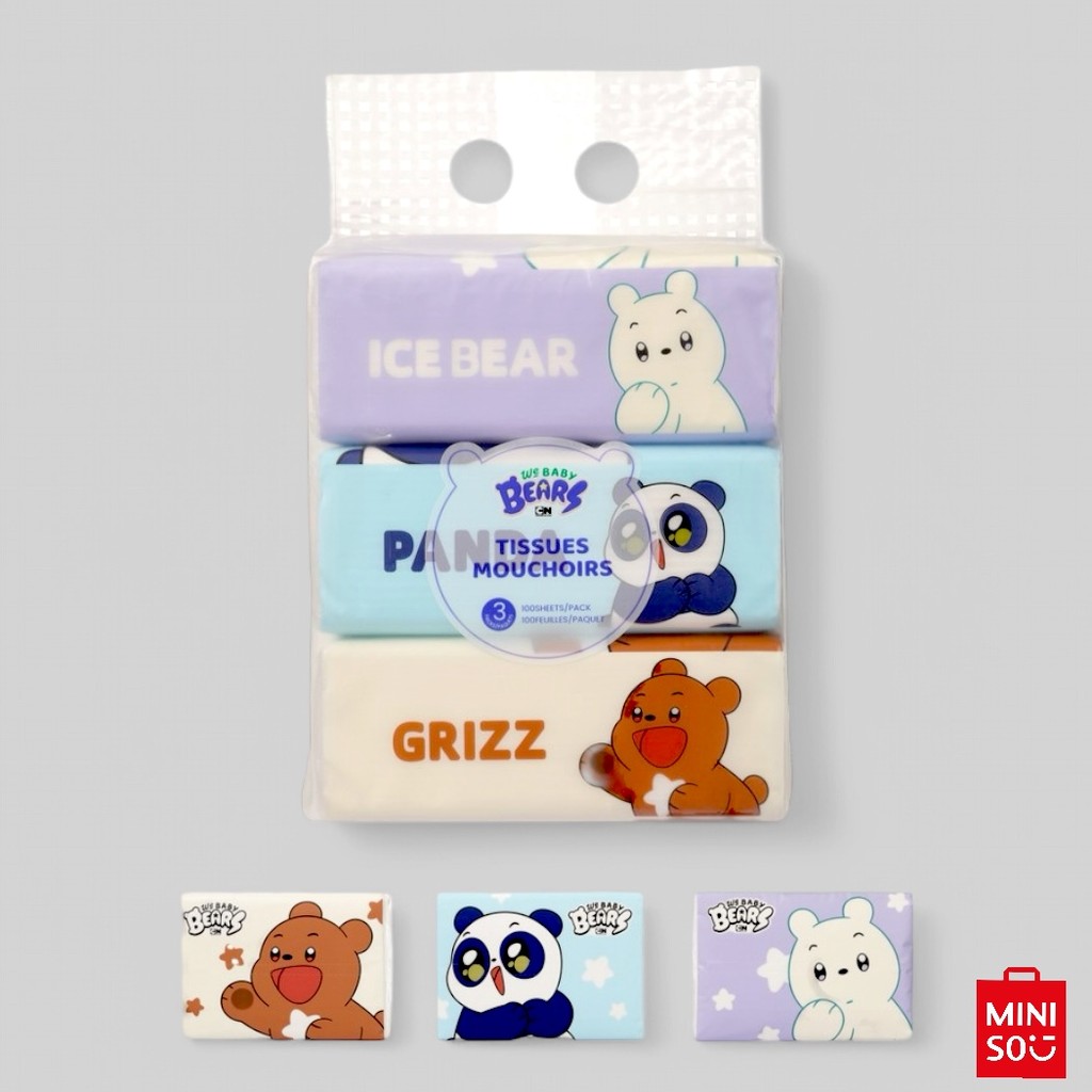 Pacote de Lenços Faciais We Baby Bears Miniso  3 Pacotes com 100 Folhas Cada | Papel Macio e Absorve