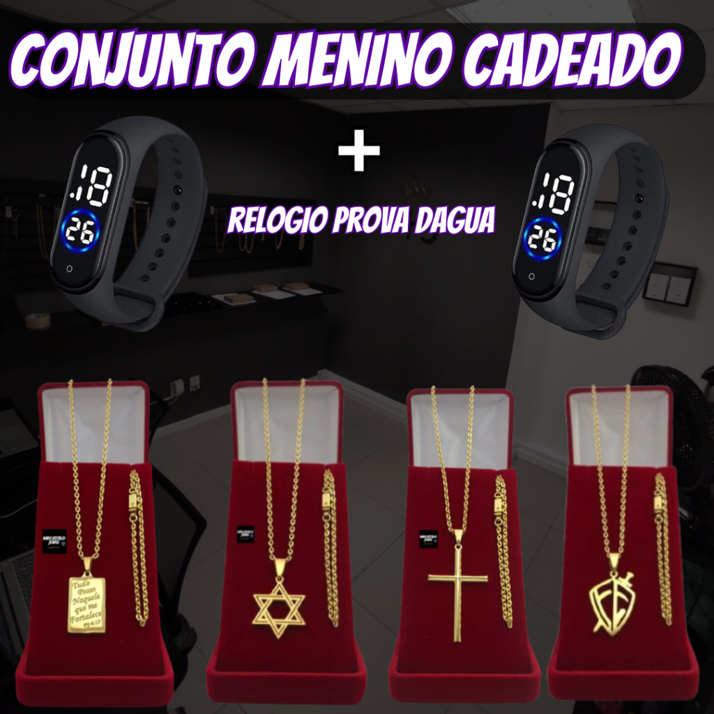 Conjunto Menino Corrente Masculina Infantil Cadeado Banhado Ouro 2mm  Pulseira e Pingente + Relógio