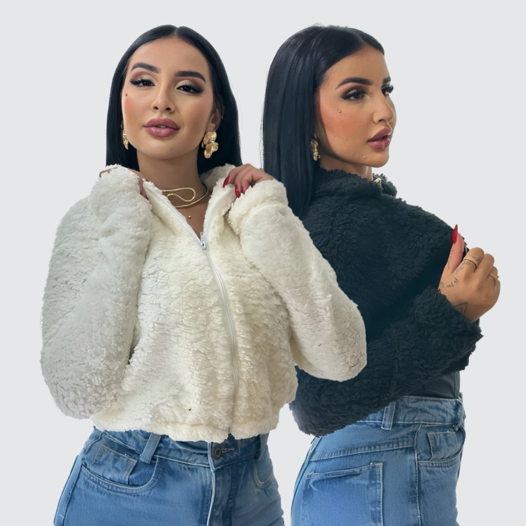 Casaco de Pelo Teddy Feminino Inverno Quentinha com Fecho Zíper Elegante