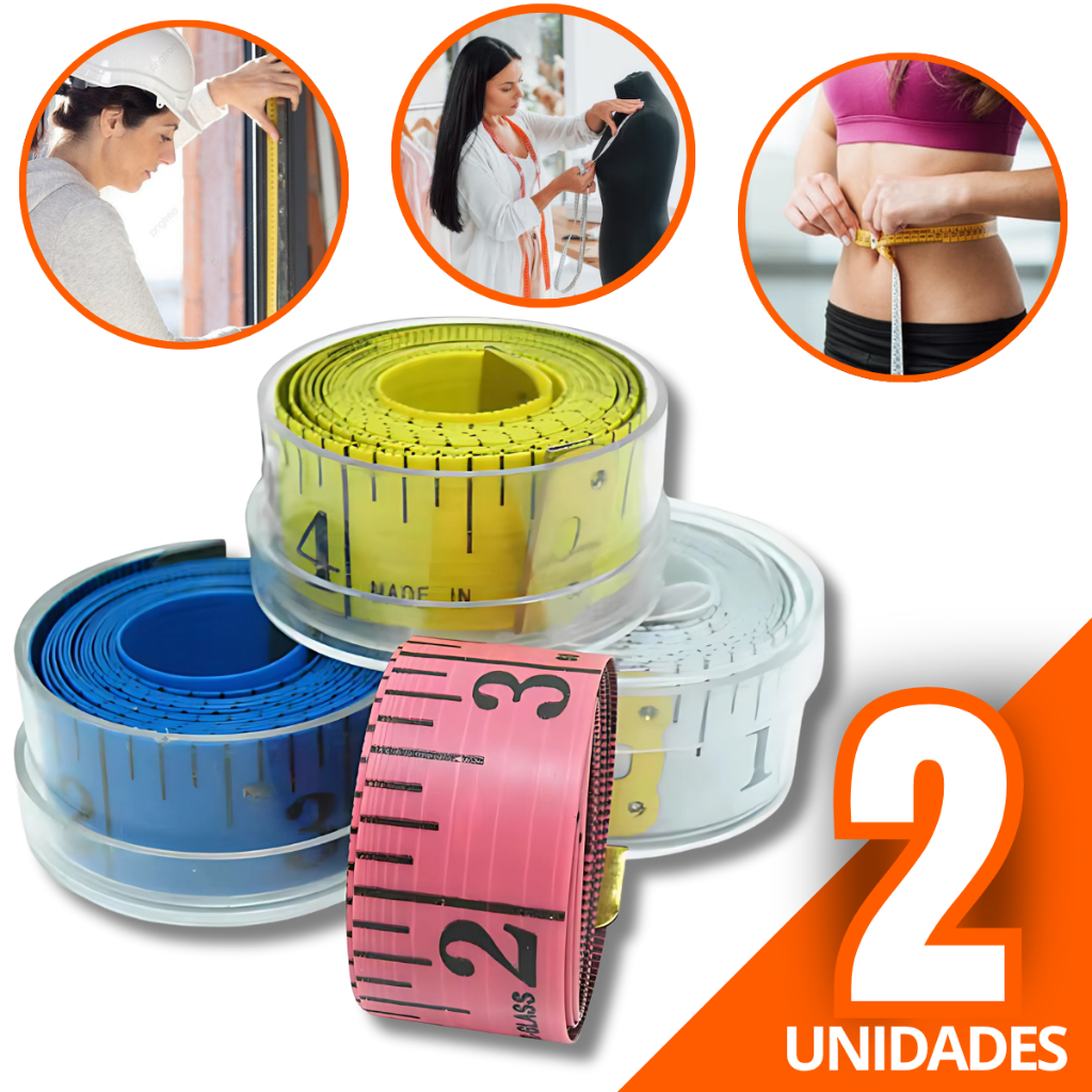 Kit 02 Fitas Métricas 150cm Costura Medidas Corporal com Pote Acrilico Organizador