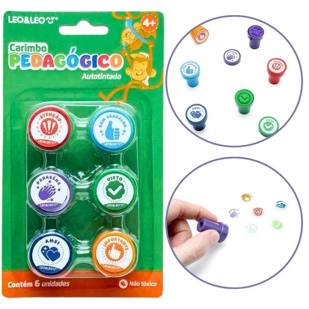 Kit 6 Carimbo Pedagógico com Tinta Infantil Professores e Pais para Alunos Escolar Leo E Leo
