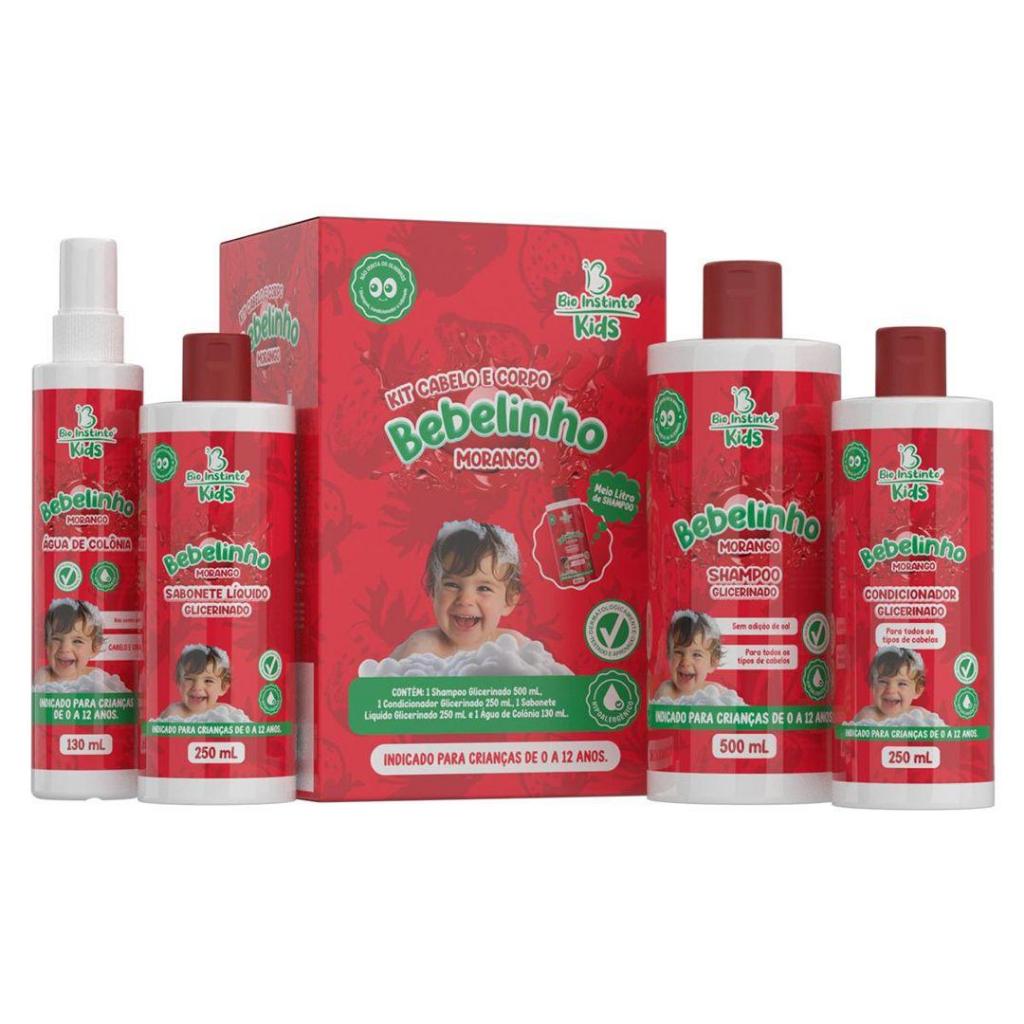 KIT INFANTIL 04 ITENS BEBELINHO MORANGO BIO INSTINTO – SHAMPOO – CONDICIONADOR – SABONETE – COLONIA