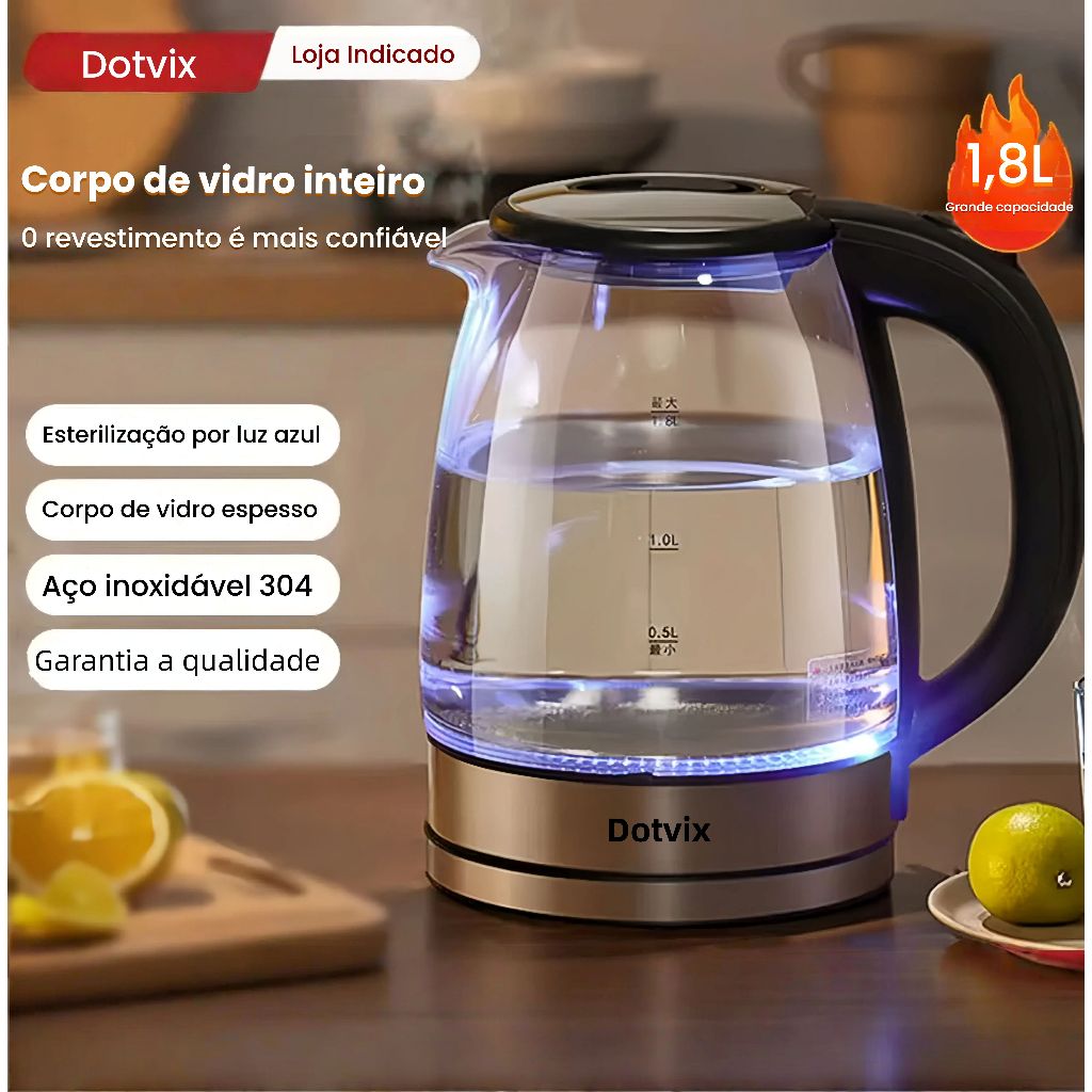 Chaleira Elétrica de Vidro 1.8L Fervura Rápida, Design Moderno e Portátil