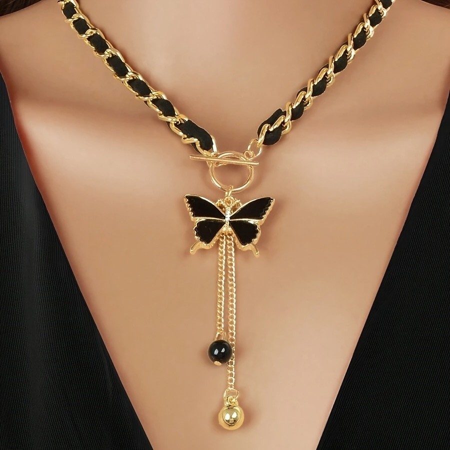 Colar Com Pingente De Corrente Preta Para Mulheres , Gargantilha Estilo Elegante Boêmio Borla , Joia