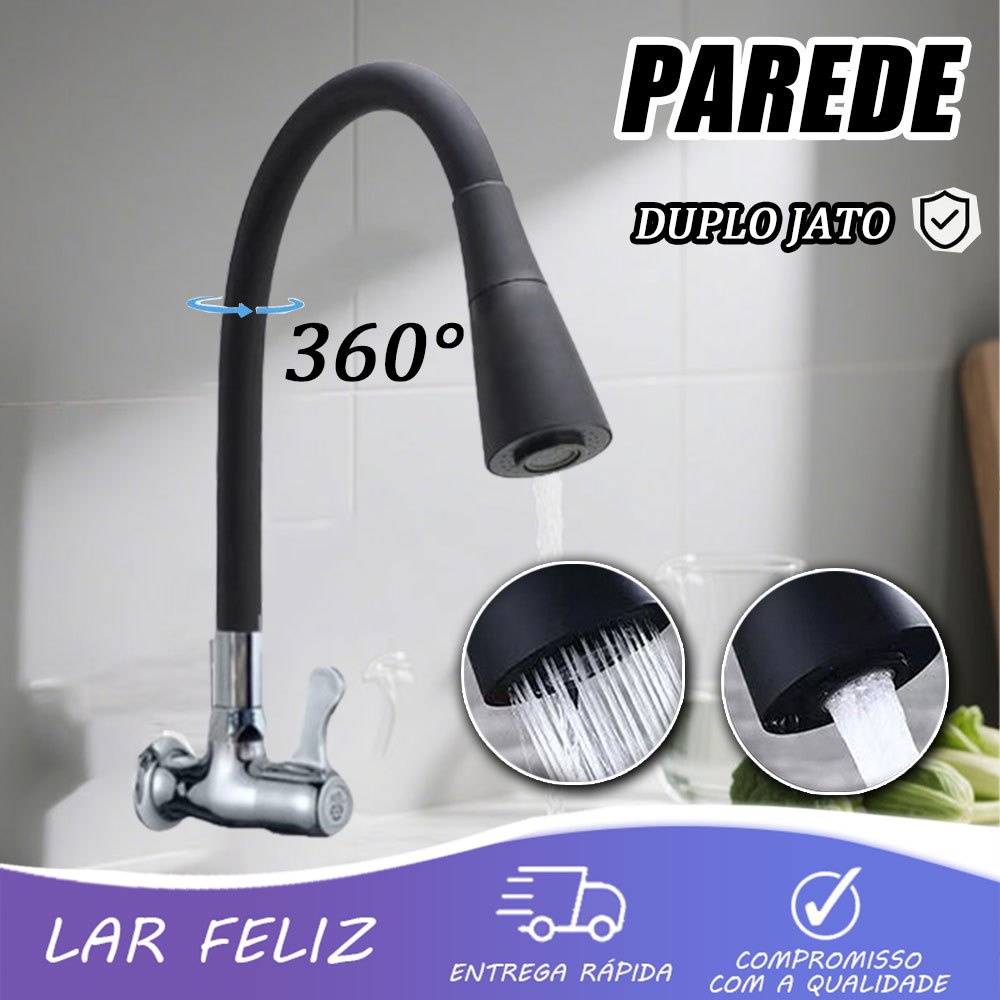 Torneira Cozinha de Parede Preta Mangueira Borracha Duplo Jato Cone 1/4 de Volta