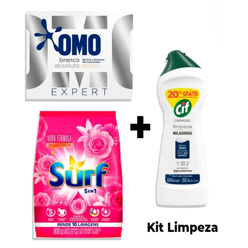 Kit Limpeza Sabão em pó OMO, Lava roupa em pó Surf e CIF Cremoso tradicional Kit com uma unidade de