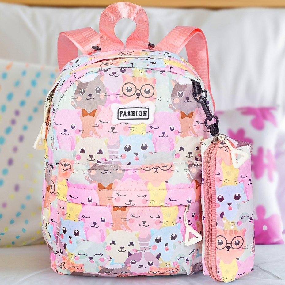 Kit Mochila e Estojo Infantil Feminina Estampa de Gatinho Confortável e Resistente