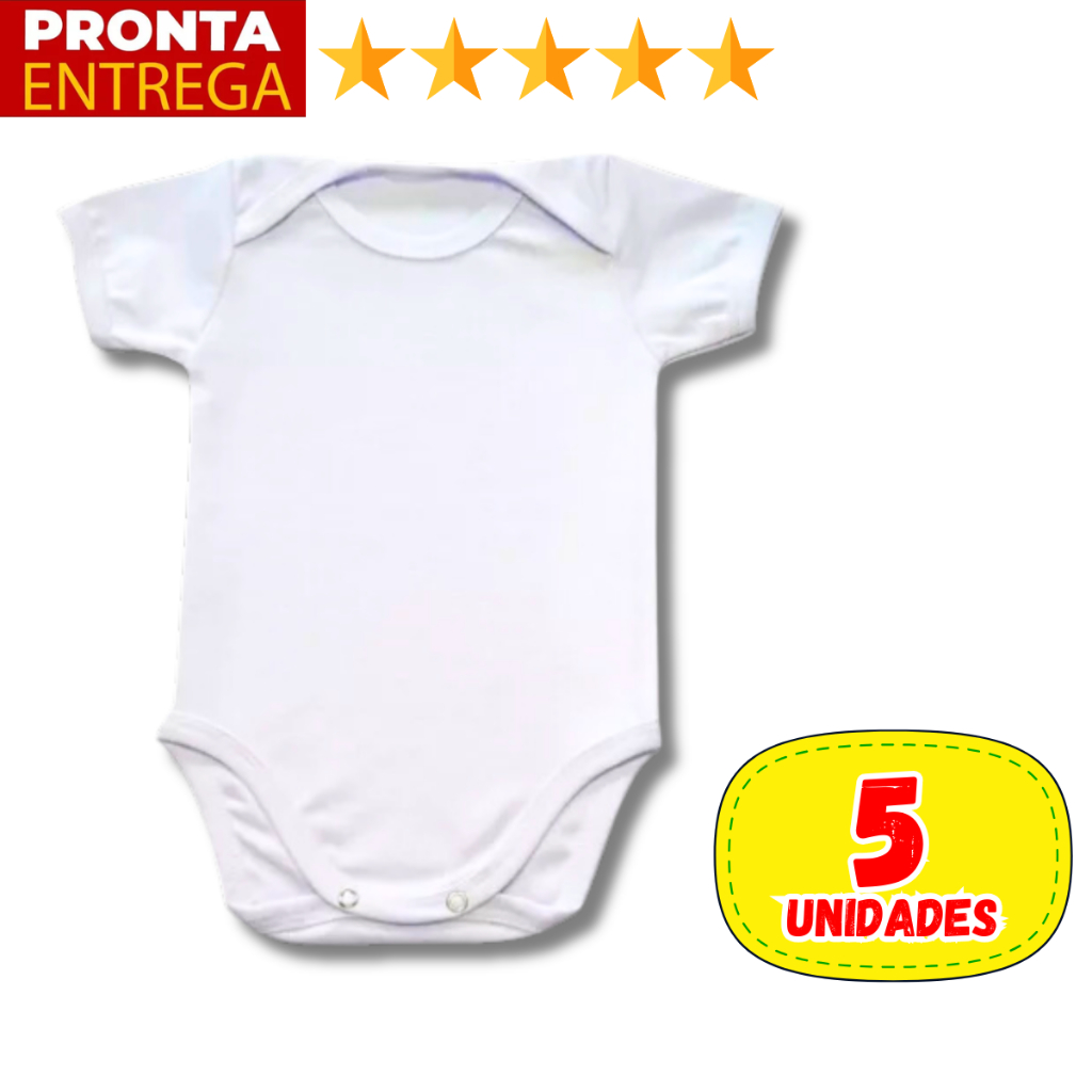 5 Unidades Body Branco Manga Curta Infantil Bebê Menino Menina