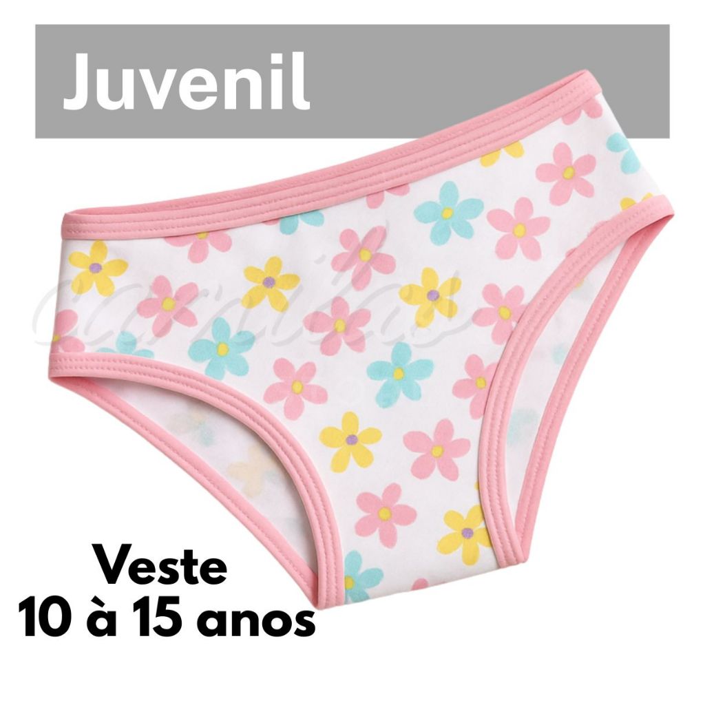 Kit 10 e 5 Calcinhas Juvenil Para Adolescente até 15 Anos Forro 100% Algodão Estamapada