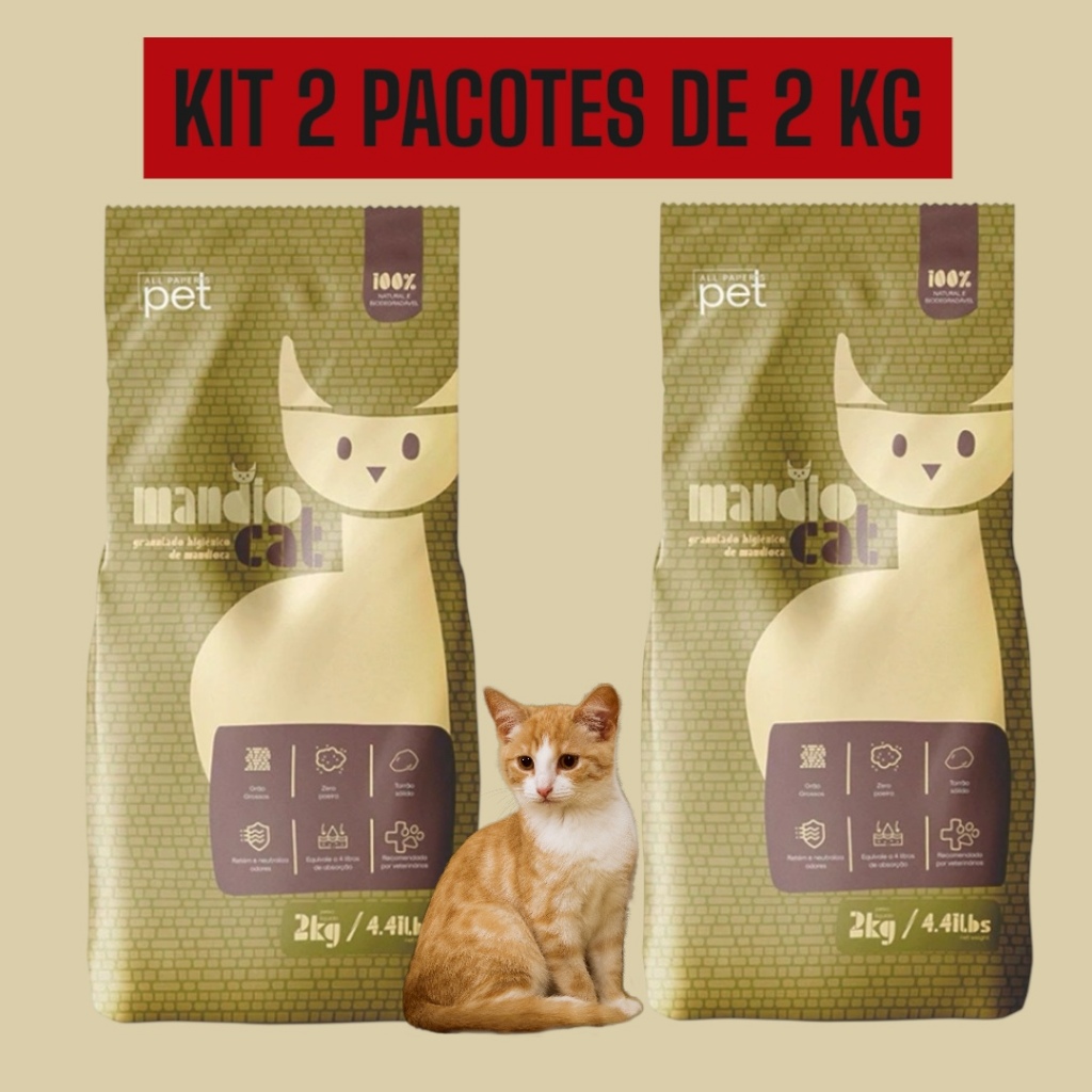 Kit 2 pacotes 2 kg de Granulado Para Gatos Areia Higiênica de Mandioca Mandiocat  Biodegradável