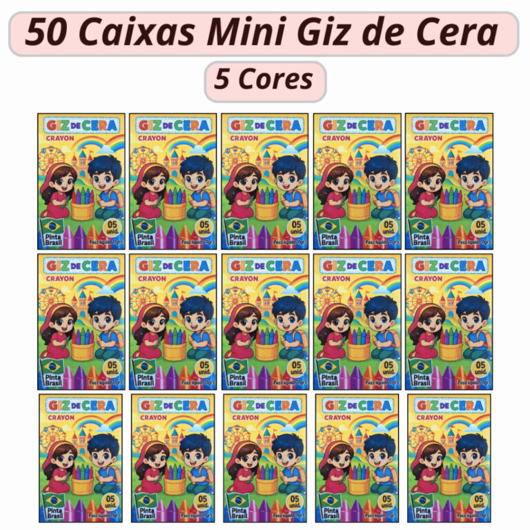 50 Cx Mini Giz de Cera 5 Cores P/ Kit Festa Infant