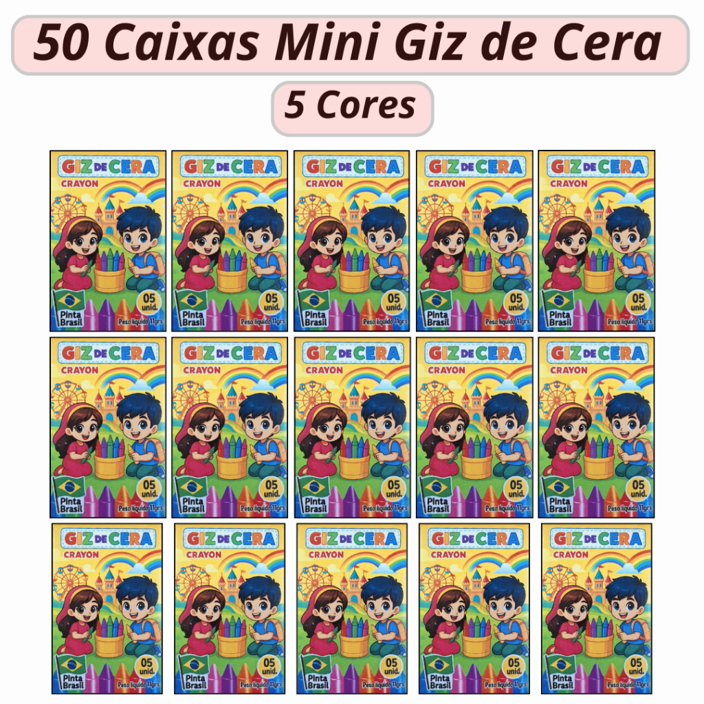 50 Cx Mini Giz de Cera 5 Cores P/ Kit Festa Infantil Lembrancinha