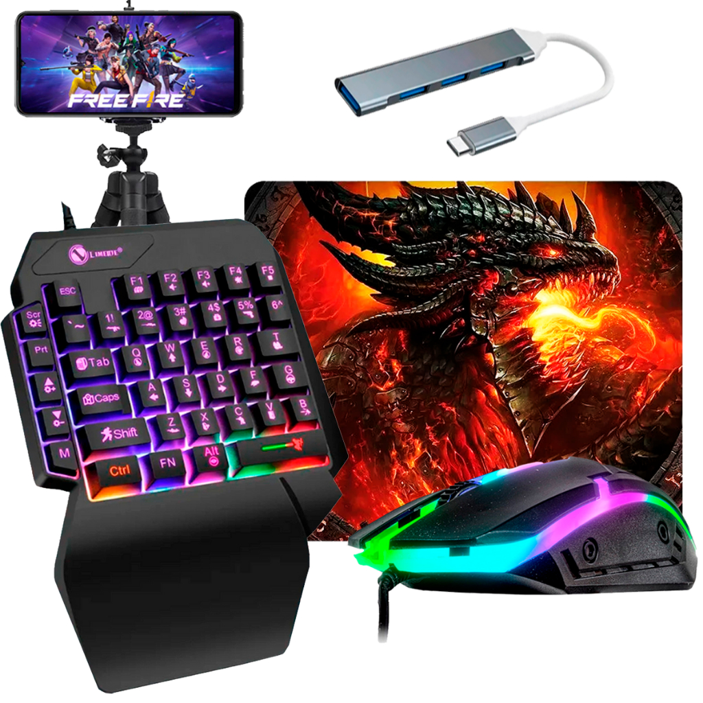 Kit Mobilador Completo Hub Tipo C Mouse Gamer Teclado Uma Mão Mouse Pad Tripe
