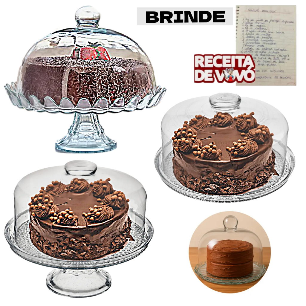 Boleira de Vidro Com Tampa e Pé Bolo Doces Mesa Redonda Conjunto Base + Tampa Grande Prato Luxo Prem