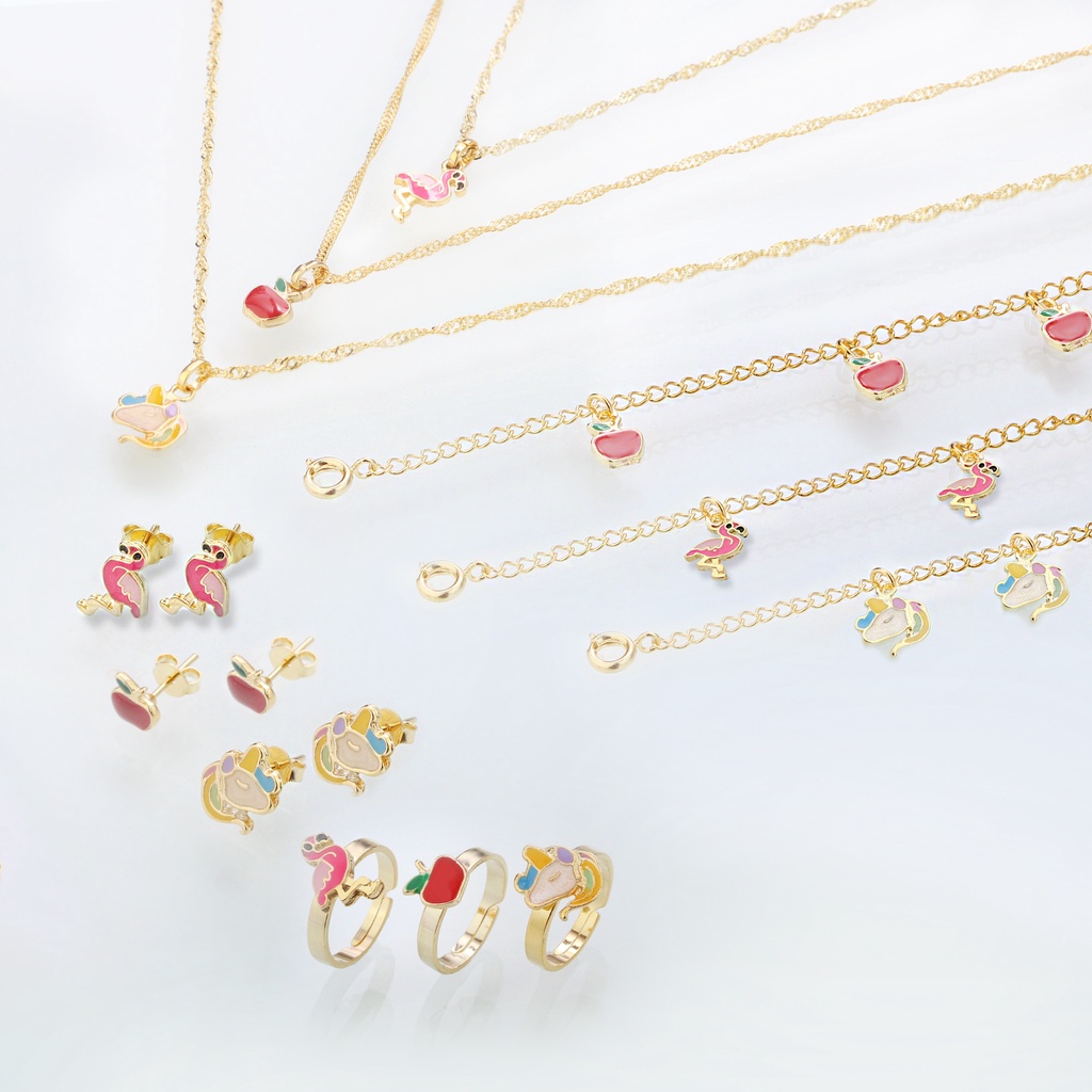 Kit de 3 Semijoias Infantis Maçâzinha, Flamingo e Unicórnio Banhado a Ouro 18K Com Pingente em Resin
