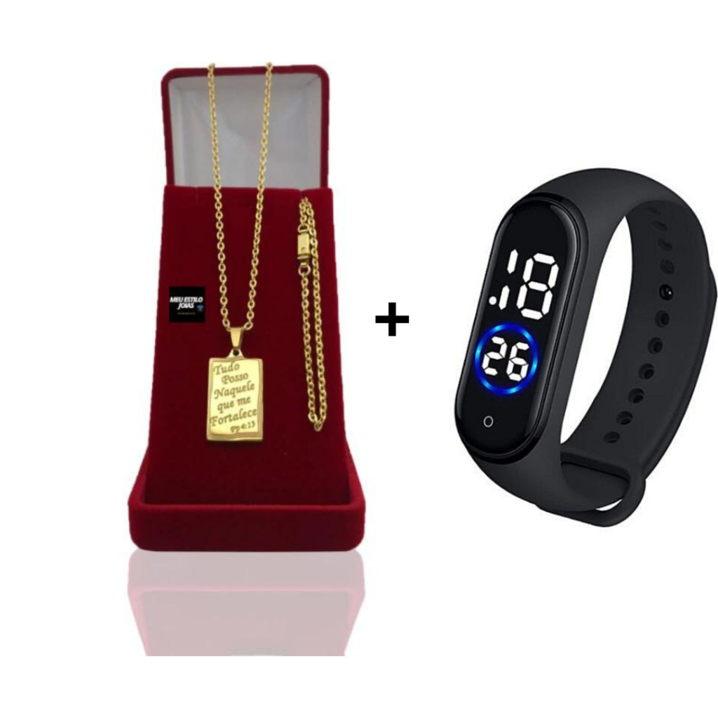 Corrente Masculina Infantil Cadeado Banhado Ouro 2mm Com Pulseira e Pingente  Tudo Posso + Relógio D