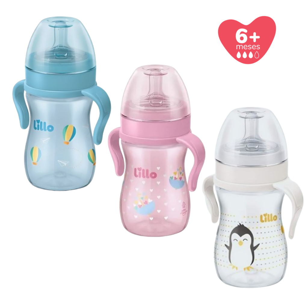 Mamadeira Evolution Lillo com Alças Bico Redondo Tampa Antivazamento 240 mL +6 meses