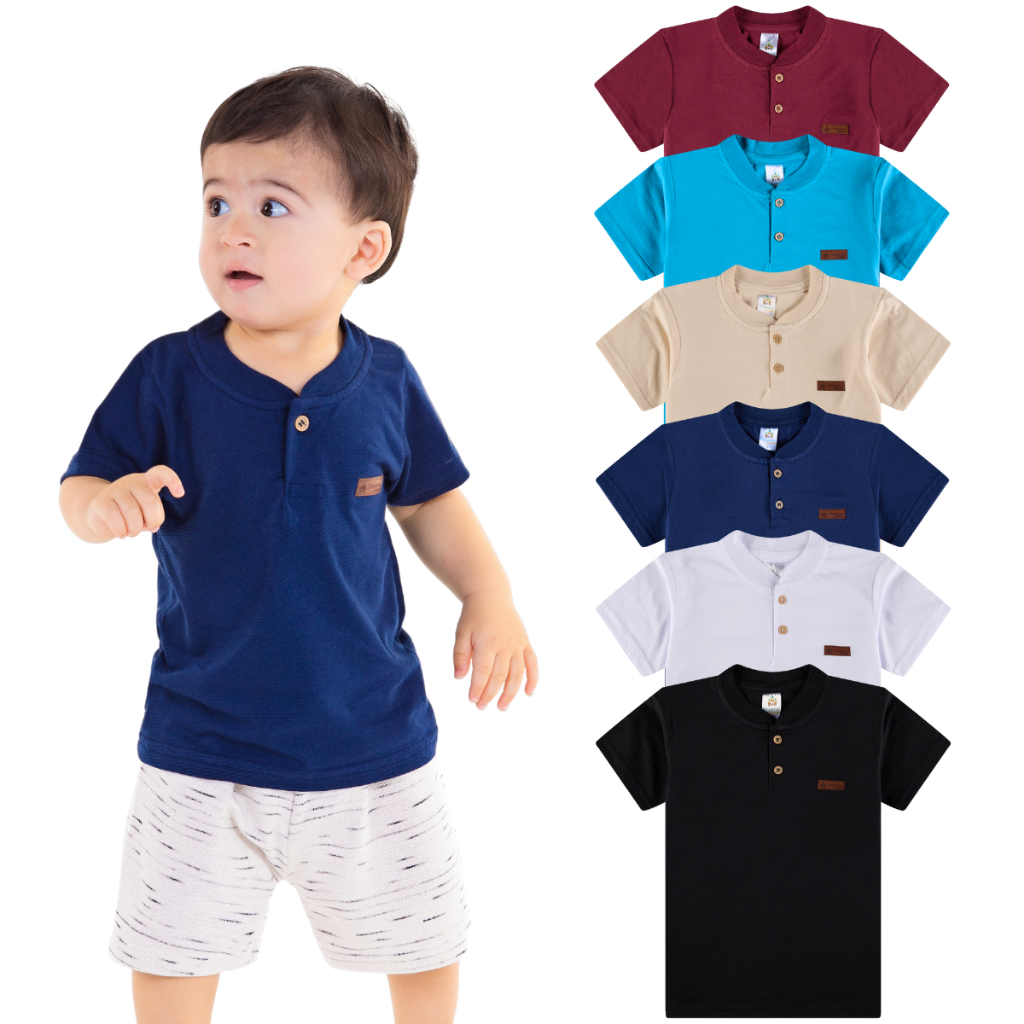 Kit Sortido 3 Camisetas Gola Padre Henley Bebê Menino – Elegância e Conforto