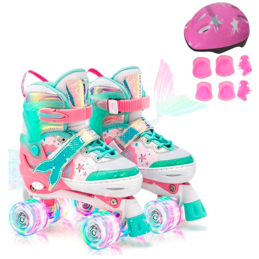 Patins Criança 4 Rodas Verde Sereia Com Luz De Led Top Patins Menina Com Kit Proteção Promoção