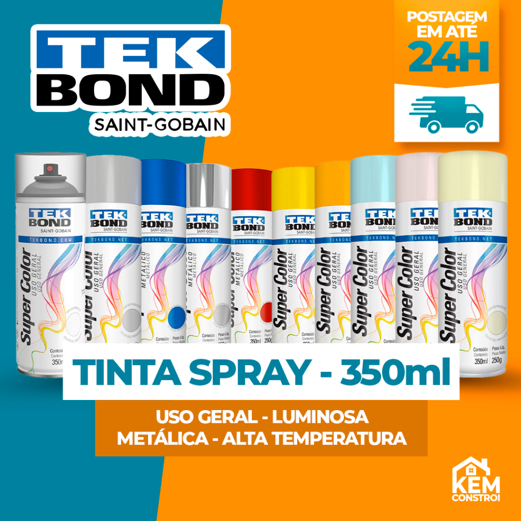 Tinta Spray Tekbond 350ml Todas as Cores Uso Geral Alta Temperatura Metálica e Luminosa Secagem Rápi