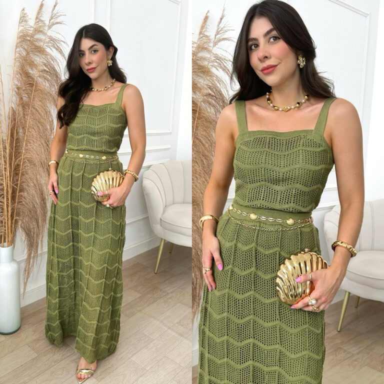 Conjunto Cropped e Saia Longa Feminino Tricot Rend