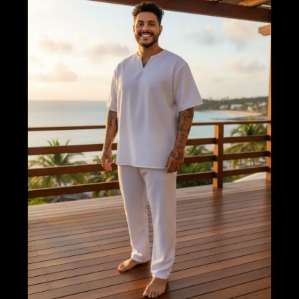 Roupa De Ração Umbanda Candomblé Branca Masculina Oxford 2 peças Calça e Bata
