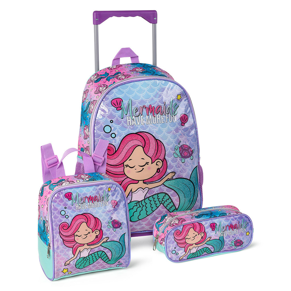 Kit Escolar Mochila Rodinha Escolar Sereia Estojo Lancheira Volta Às Aulas Meninas