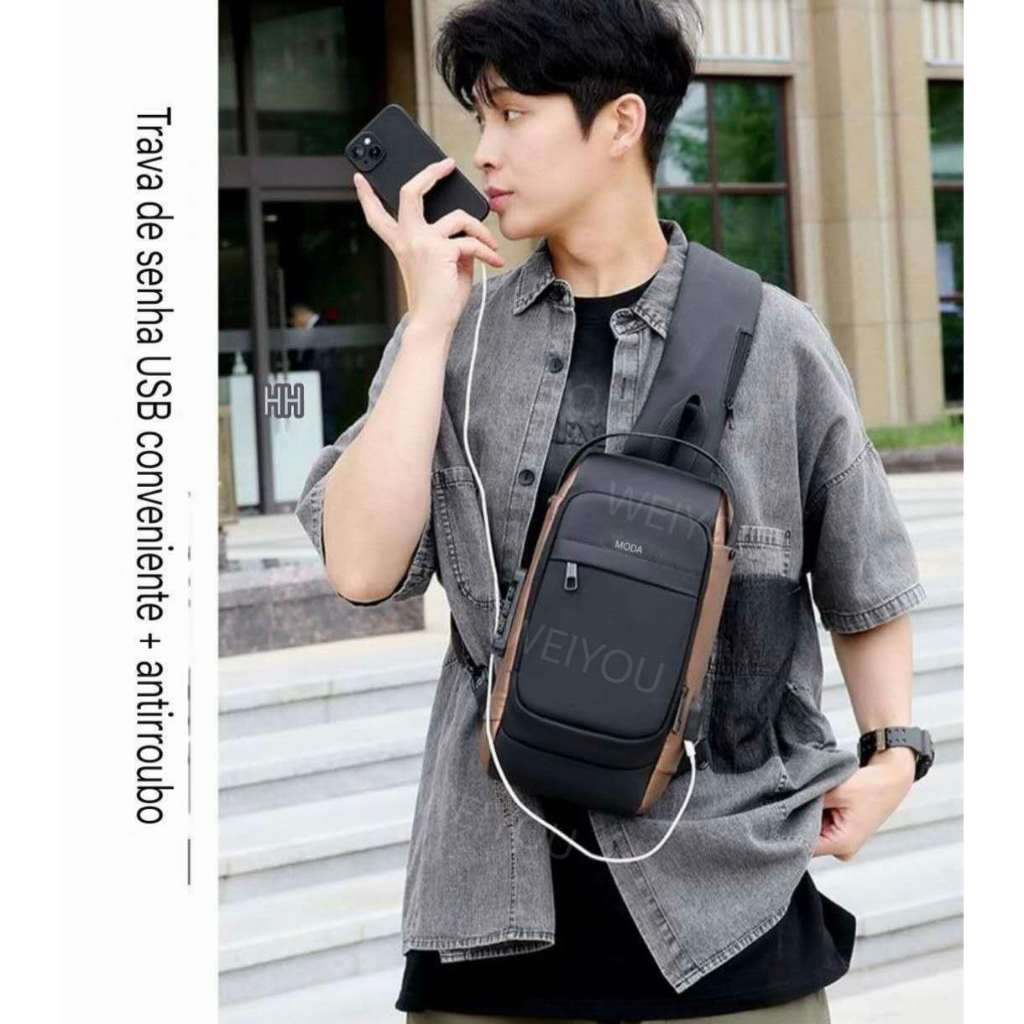 Mochila compacta de ombro transversal unilateral com trava de senha USB e à prova dágua