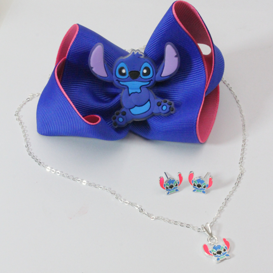 Kit Infantil Stitch  Brinco, Colar e Bico de Pato Fofo e Delicado em Ouro e Prata