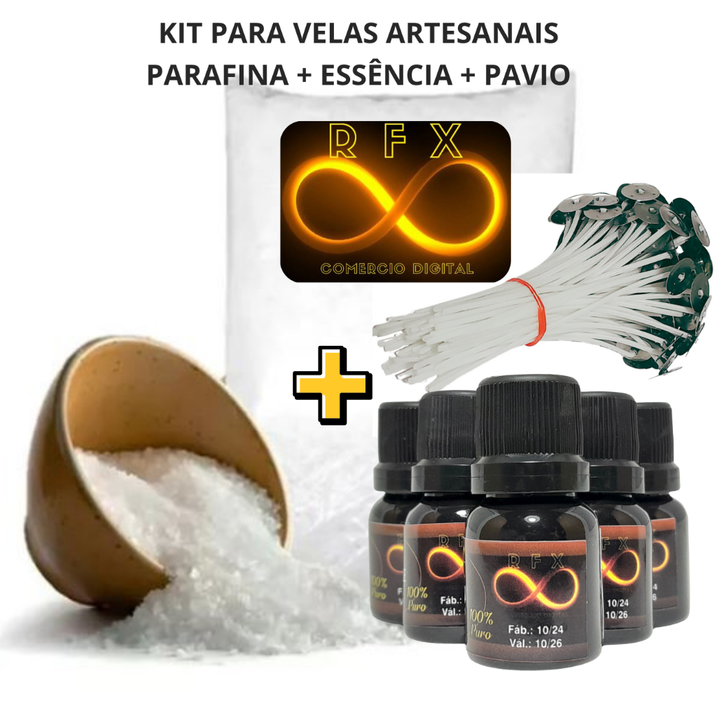 Kit parafina 1 kg + essência 10 ml + 50 pavio de algodão l kit para fazer velas artesanais