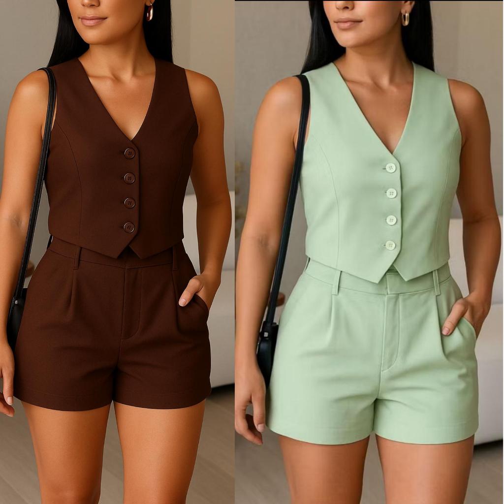 CONJUNTO FEMININO COLETE + SHORTS CASUAL ,MODA EXCLUSIVA ESTILO SOCIAL