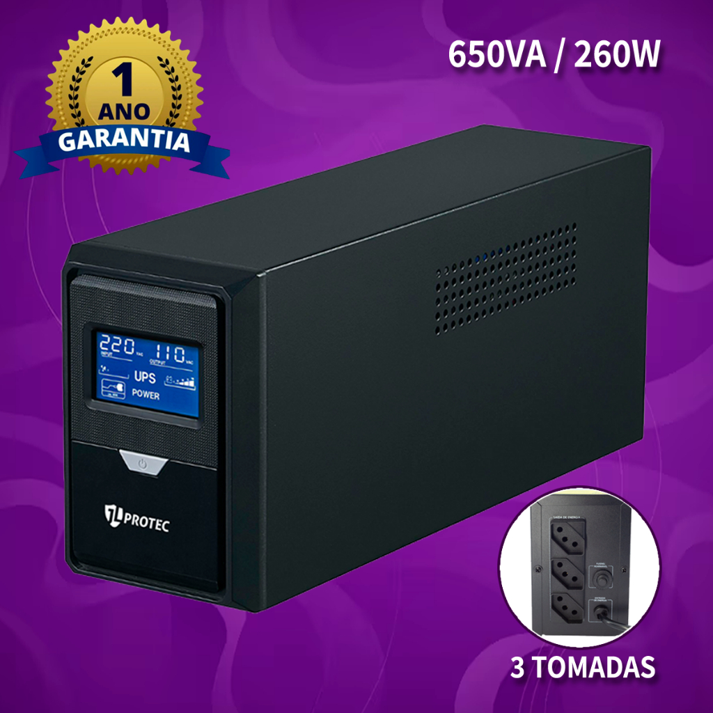 Nobreak 650VA 260W JLPROTEC com 3 Tomadas  Escolha Voltagem: 120V, 220V ou Bivolt