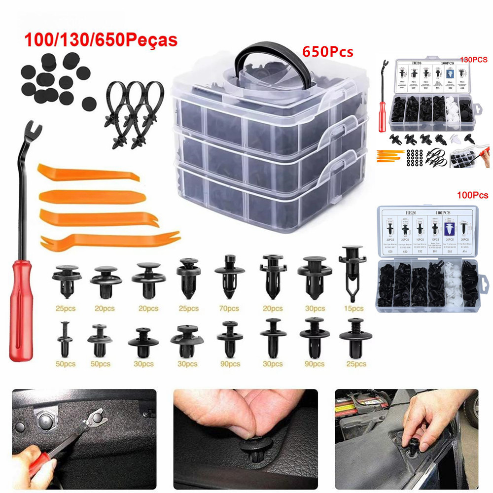 Kit 100/130/650 Peças Prendedor Híbrido Clips Fixação Push-In Pinos Bloqueio, Presilhas Universais p