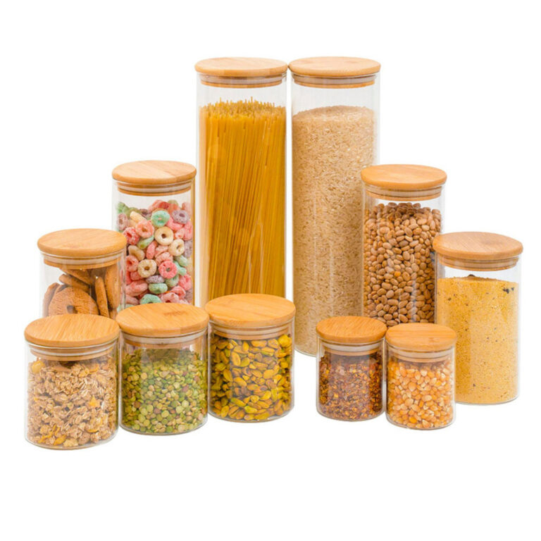 Kit 11 potes de vidro com tampa de bambu hermétic