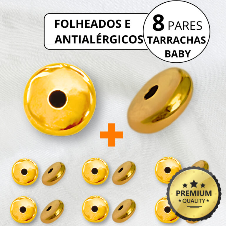 Kit 8 pares Tarraxa Baby Pressão Banhado Ouro 18k