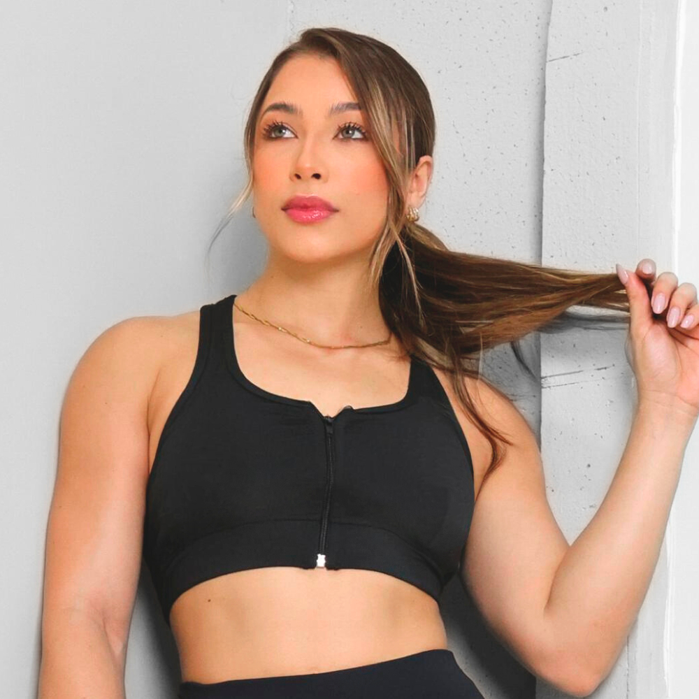 Top Fitness Feminino Com Zíper Frontal Sustentação Alta Performance Bojo Removível