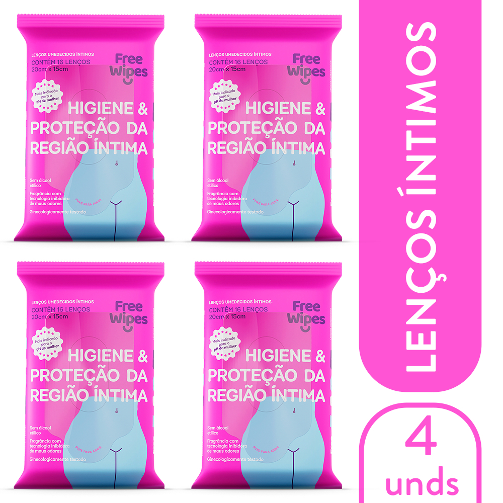 Kit 4 Lenços Umedecidos Higiene Íntima Free Wipes  Cuidado e Frescor Diário