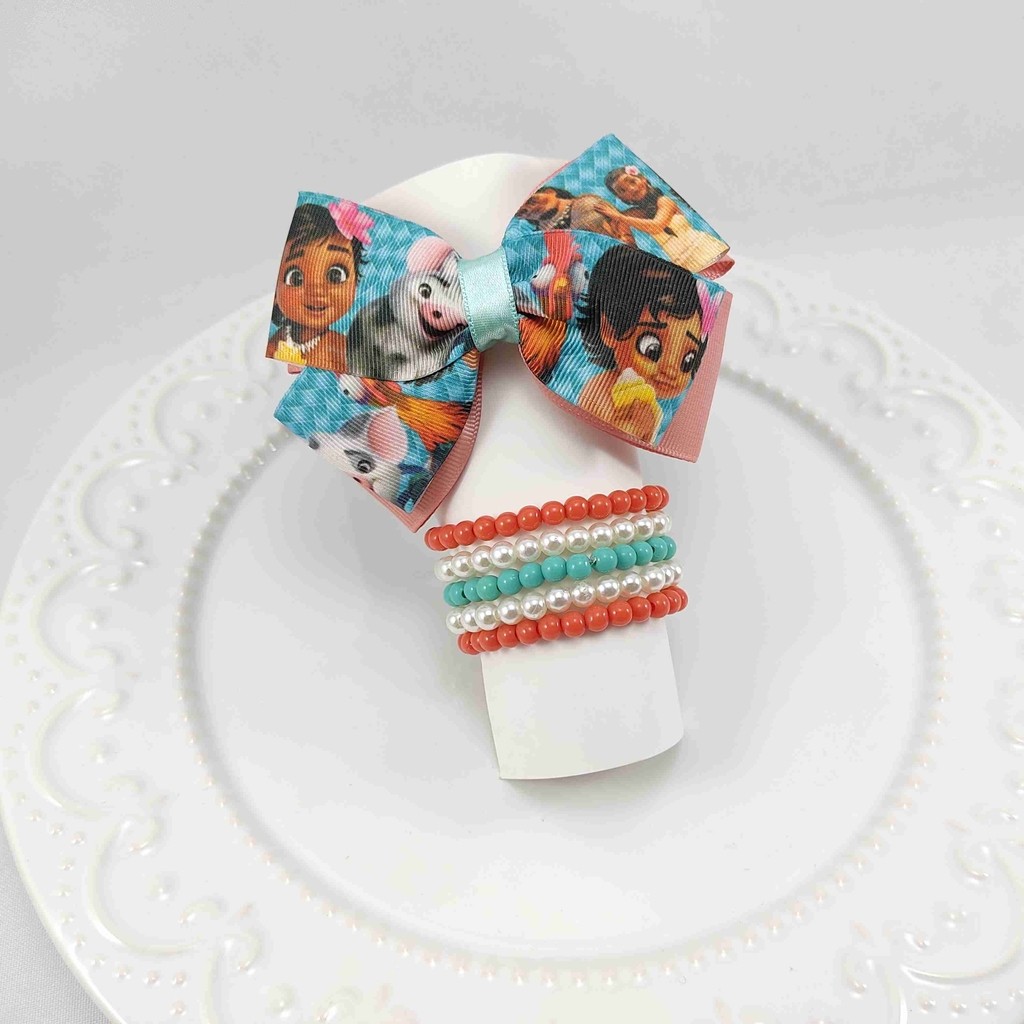 Conjunto infantil laço + kit de pulseiras – Moana