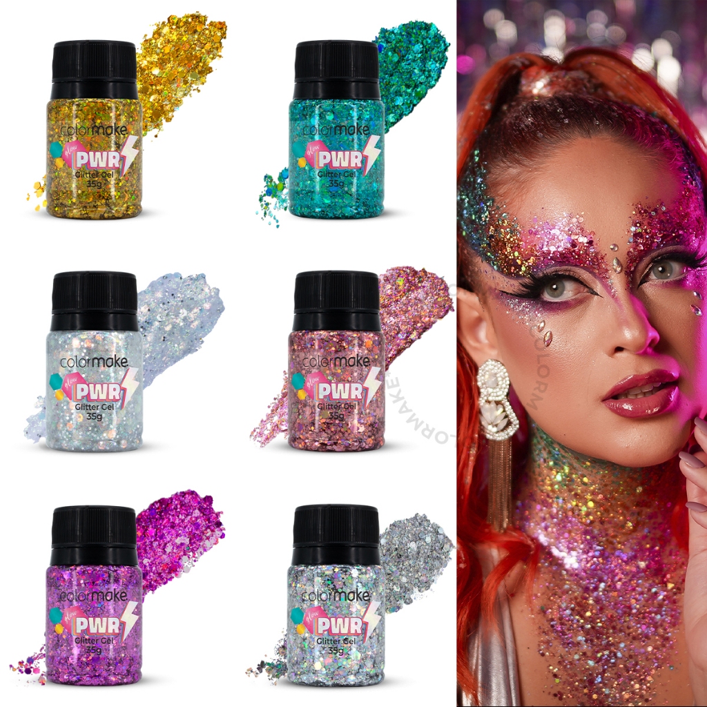 Gel Glitter Glow Power 35g Colormake Glitter em Gel Maquiagem Carnaval Rosto Corpo Cabelo Brilho