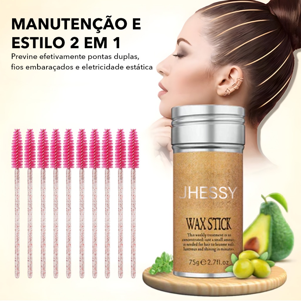 Bastão de Cera Modeladora para Cabelo JHESSY 75g com Escova | Pomada Anti-Frizz, Fixador de Fios Reb